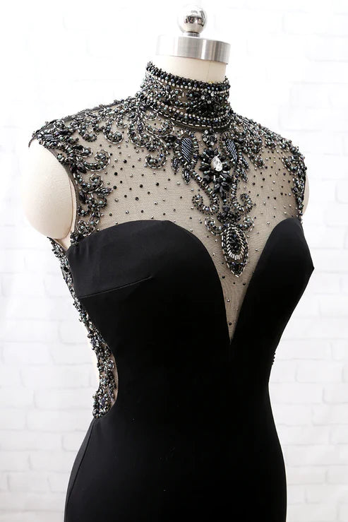 Schwarzes, perlenbesetztes Rollkragenkleid im Meerjungfrauenstil aus Tüll, Abendkleid, Partykleid mit Schlitzen gh4897