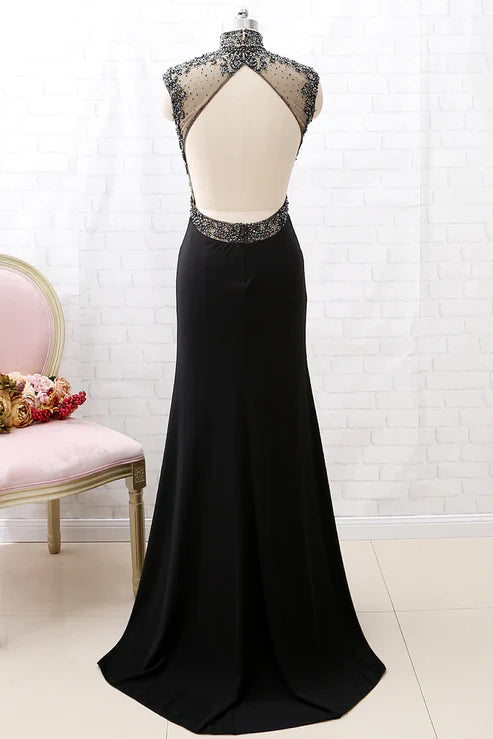 Schwarzes, perlenbesetztes Rollkragenkleid im Meerjungfrauenstil aus Tüll, Abendkleid, Partykleid mit Schlitzen gh4897