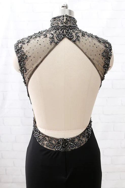 Schwarzes, perlenbesetztes Rollkragenkleid im Meerjungfrauenstil aus Tüll, Abendkleid, Partykleid mit Schlitzen gh4897