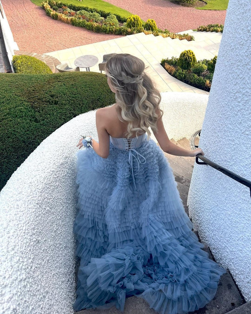 Hellblaues wunderschönes A-Linien-Abendkleid mit herzförmigem Ausschnitt und Rüschen aus Tüll, lang, Ballkleid, Abendkleid gh2685
