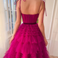 A Line Strapless Fuchsia Tiered Long Tulle Prom Dress gh2678