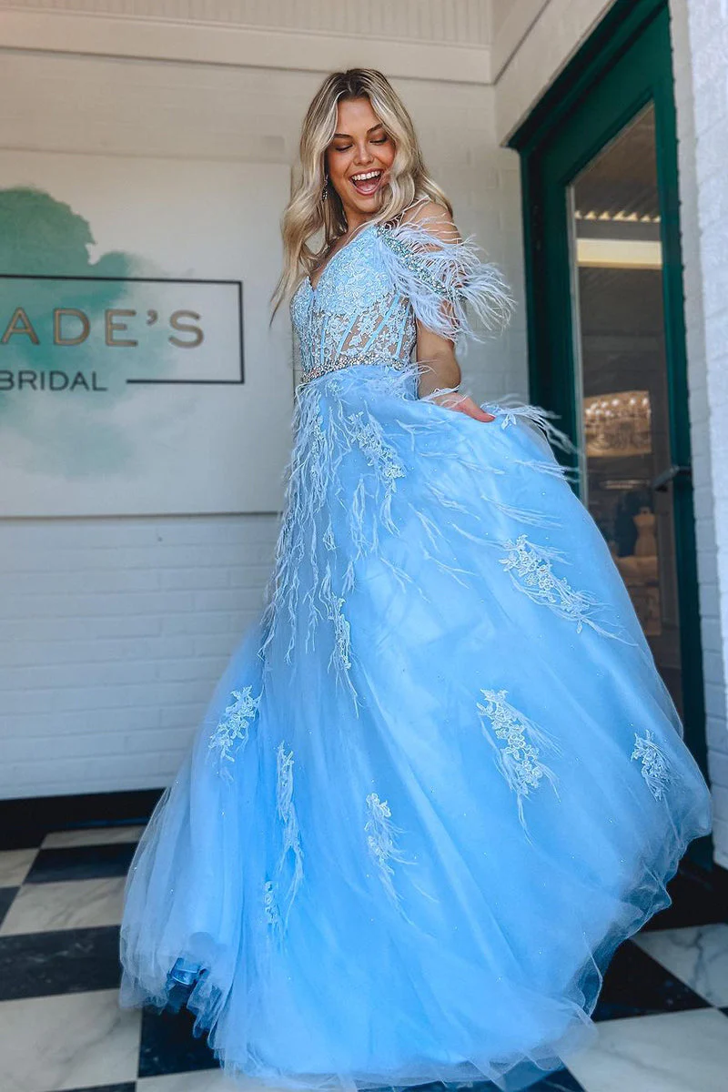 A line V Neck Lace Tulle Prom Dress with Beading and Feather gh2688