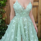 Elegantes langes Ball-/Abendkleid in A-Linie mit V-Ausschnitt und Blumenprägung aus Tüll gh2749
