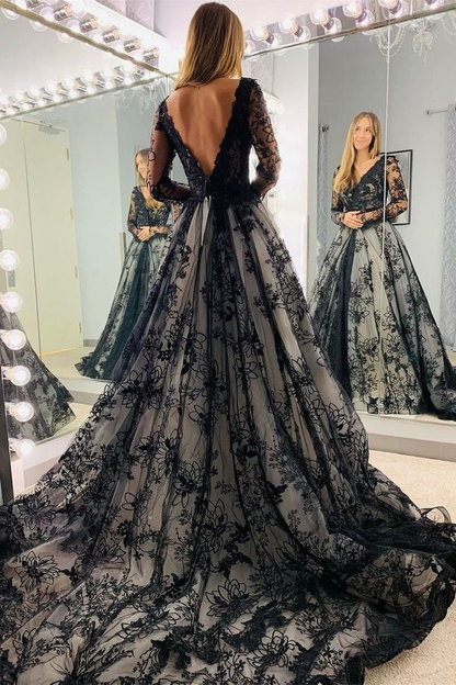Schwarzes Illusion-Brautkleid mit langen Ärmeln, tiefem V-Ausschnitt und Applikationen, gh2759