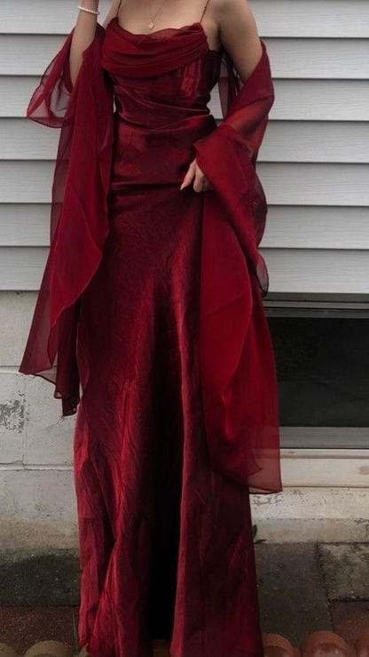 Burgunderrotes, elegantes Vintage-Kleid in A-Linie mit Spaghettiträgern, ärmellos, lang, formell, bodenlang, Ballkleid, Ballkleid, Abendkleid, Partykleid, gh2972