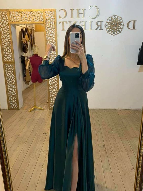 Grünes Abendkleid mit langen Ärmeln, formelles Tüll-Ballkleid gh2763