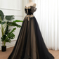 Schwarzes und champagnerfarbenes schulterfreies langes Abendkleid, A-Linien-Ballkleid gh2758