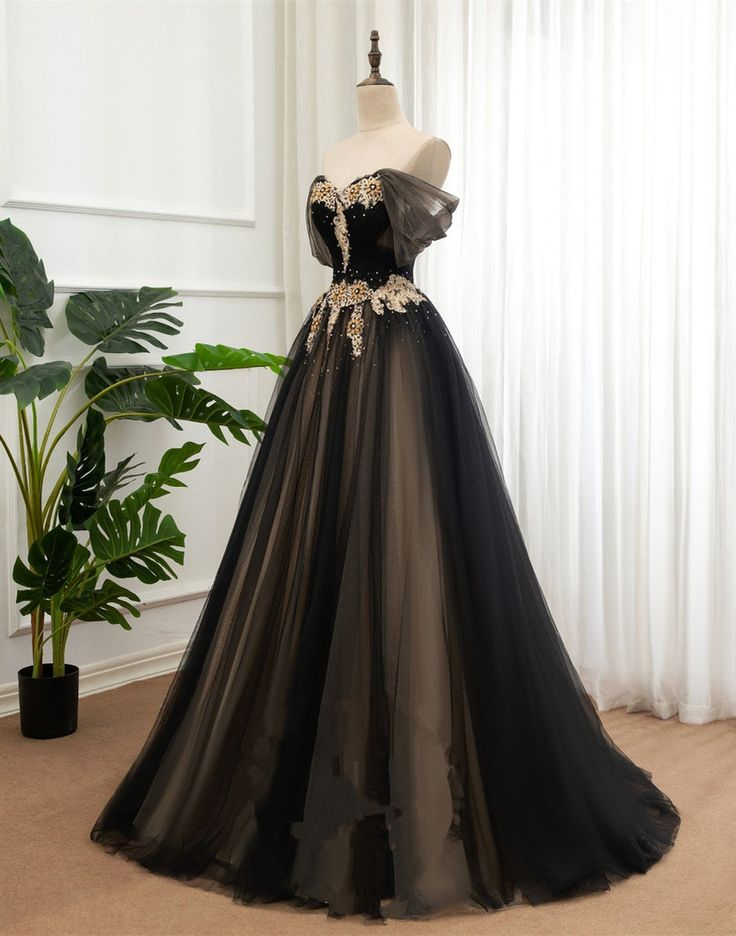 Schwarzes und champagnerfarbenes schulterfreies langes Abendkleid, A-Linien-Ballkleid gh2758