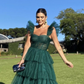 Robe de bal longue en tulle vert chasseur/vert émeraude, coupe trapèze, bretelles, à volants, gh2771