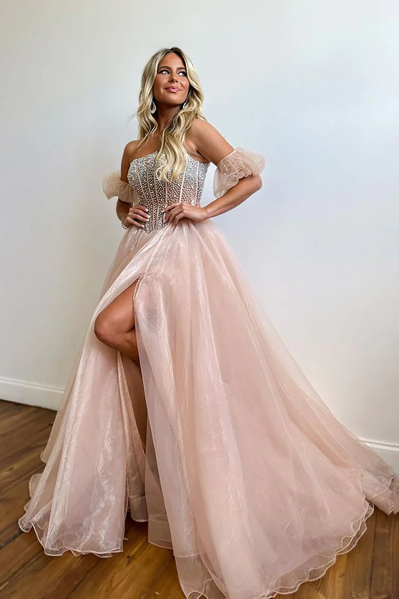 A Line Strapless Blush Corset Organza Prom Dress gh2686