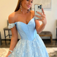 Off Shoulder Light Blue Lace Long Prom Dresses, Light Blue Lace Formal Graduation Evening Dresses gh2727