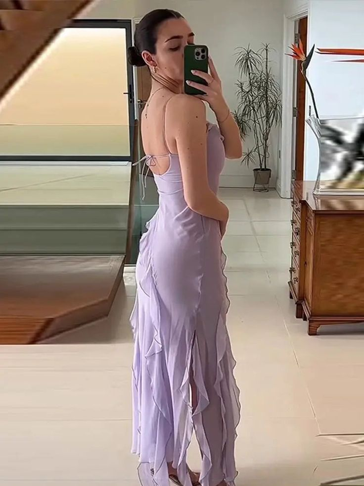Spaghetti straps purple tassel prom dress with split  gh2736
