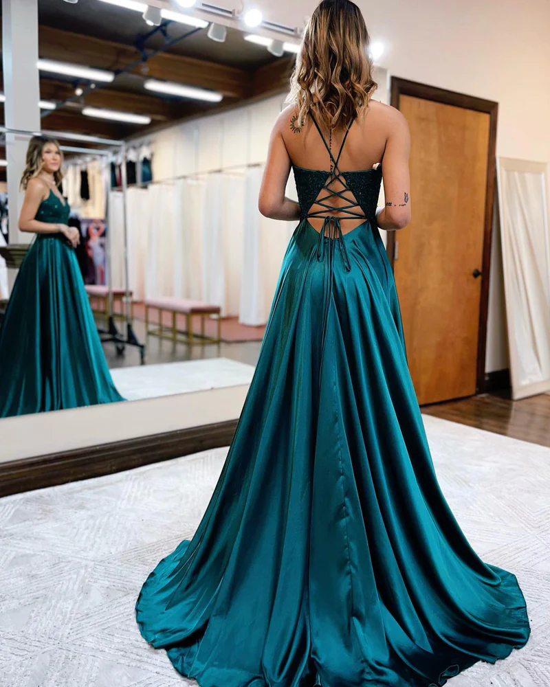 A-Linien-Ballkleid mit Spaghettiträgern, Korsettrücken und Schlitz gh2670