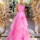 Light pink A-line off-shoulder long ruffled elegant tulle ball gown evening dress gh2684