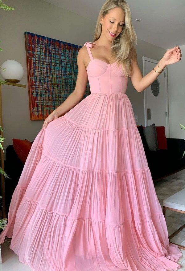 Rosa Chiffon Langes Ballkleid A-Linie Abendkleid gh2838