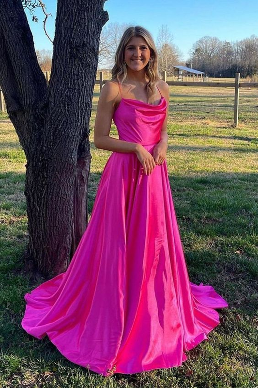 Cowl Neck Green Satin A-Line Formal Dress with Slit gh2820