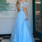 A line V Neck Lace Tulle Prom Dress with Beading and Feather gh2688