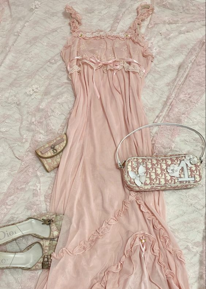 Pink Sweet Elegant Cute Lace Strap Ruffle A-Line Long  chiffon prom dress Evening Dress gh2937