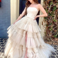 A-Line Strapless Tulle Long Prom Dress with Tiered Ruffles gh2676