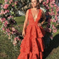 Deep V neck orange A-line long tiered ball gown evening dress gh2810