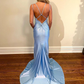 Cute Mermaid V Neck Light Blue Satin Prom Dresses with Beading gh2978