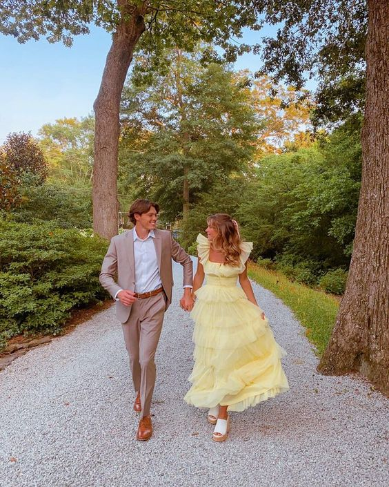 Yellow fashion square neck A-line multi-layered long tulle ball gown evening dress gh2888