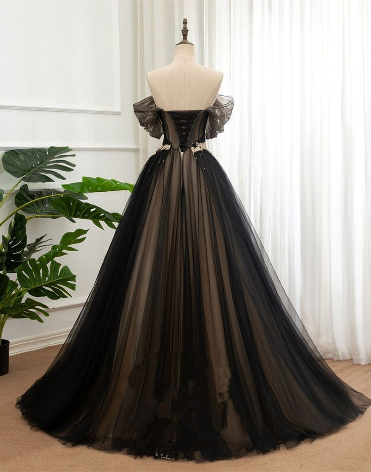 Schwarzes und champagnerfarbenes schulterfreies langes Abendkleid, A-Linien-Ballkleid gh2758
