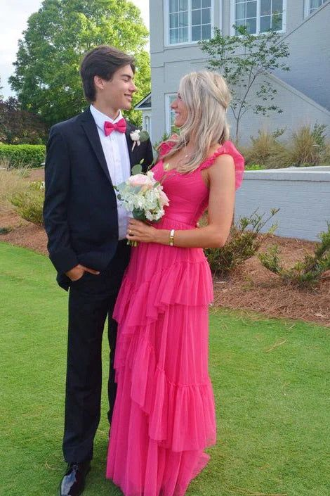 Rosa Fuchsia Mode elegante Tüll fliegenden Ärmeln Schulterträgern lange gerüschte Tüll formale bodenlange Ballkleid Abendkleid Partykleid Abschlussballkleid gh2796