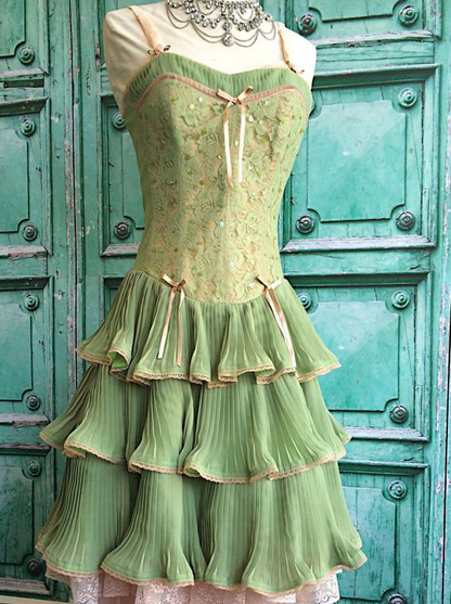 Grün rosa süße Spaghettiträger mehrlagiges langes Spitzentüll Ballkleid Abendkleid Coming-of-Age-Zeremoniekleid gh2931