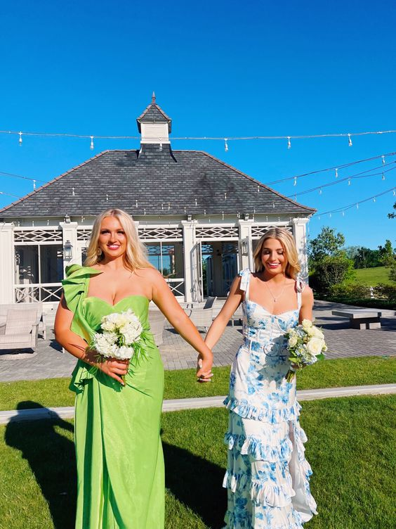 Blue elegant A-line layered chiffon floral backless long ball gown evening dress prom dress Graduation Dress gh2798