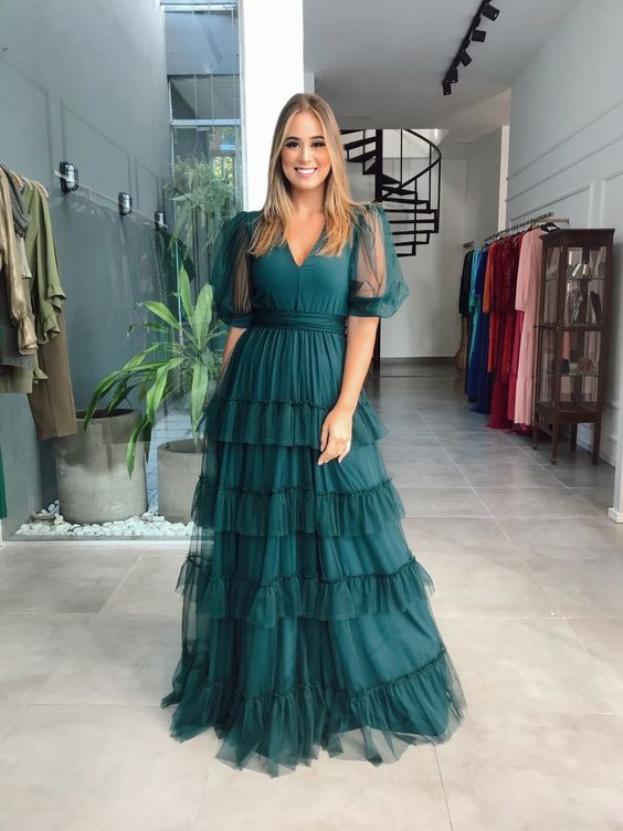 Grünes A-Linien-Ballkleid aus Tüll mit kurzen Ärmeln gh2823