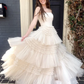 A-Line Strapless Tulle Long Prom Dress with Tiered Ruffles gh2676