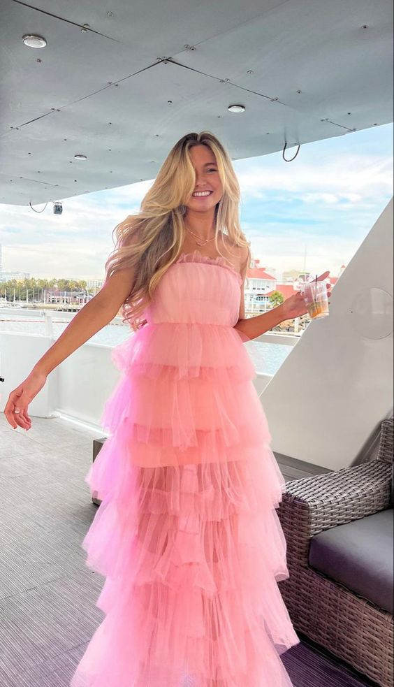 Rosa mode süße A-linie trägerlosen lange elegante layered tüll ballkleid abendkleid party kleid gh2818
