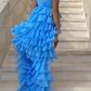 Blue V neck layered prom dress formal evening dress gh2816