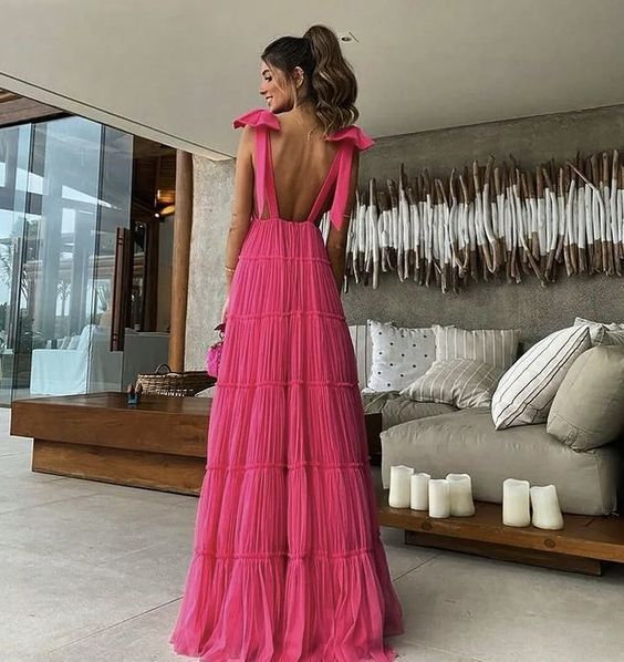 Pink backless deep V neck long prom dress A-line evening gown gh2807