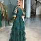 Grünes A-Linien-Ballkleid aus Tüll mit kurzen Ärmeln gh2823