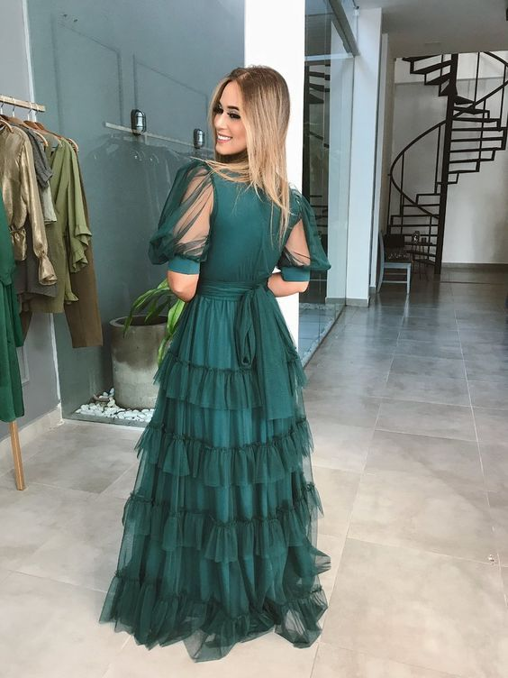 Grünes A-Linien-Ballkleid aus Tüll mit kurzen Ärmeln gh2823