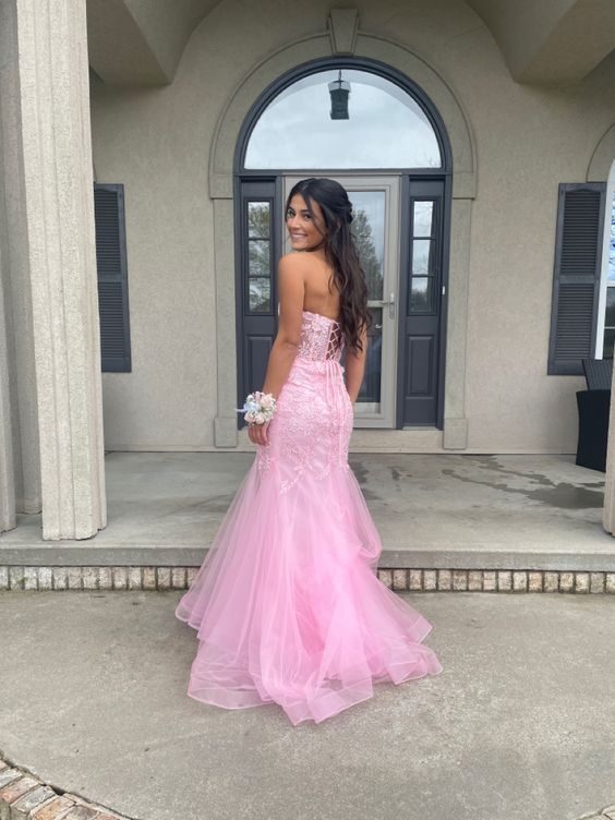 Rosa trägerloses, exquisites Meerjungfrau-Abendkleid mit Applikationen aus Tüll, lang, Ballkleid, Abendkleid gh3002