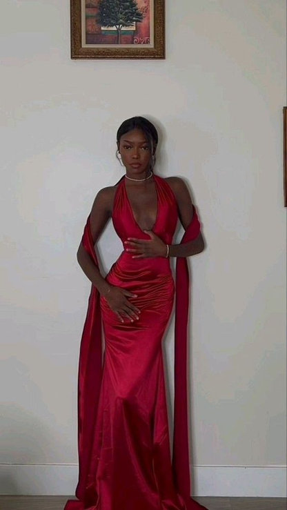 Rotes sexy elegantes Meerjungfrau-Kleid mit V-Ausschnitt und langem Satin-Ballkleid, Abendkleid, Partykleid gh2997