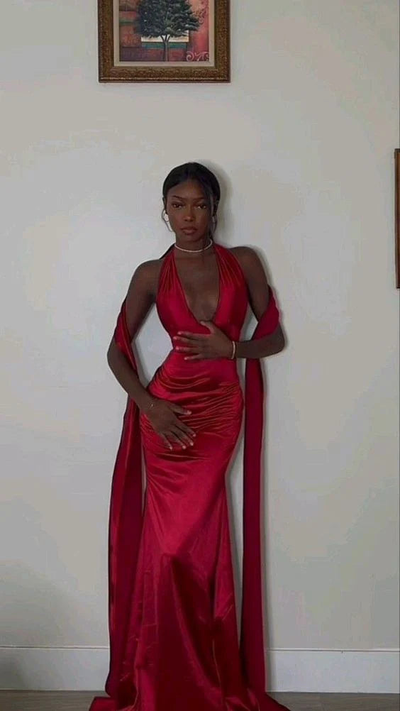 Rotes sexy elegantes Meerjungfrau-Kleid mit V-Ausschnitt und langem Satin-Ballkleid, Abendkleid, Partykleid gh2997