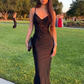 Bodycon stretch woven satin applique v neck sleeveless long black ball gown evening dress gh3000