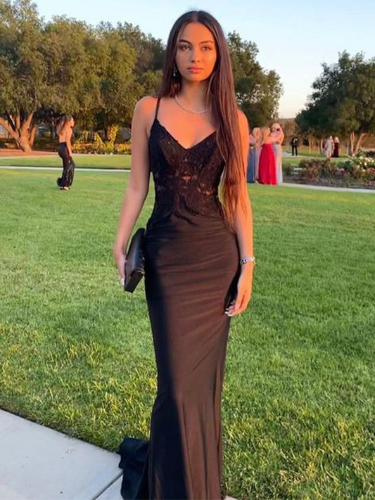 Robe de soirée moulante en satin extensible tissé avec appliques, col en V, sans manches, longue, noire, gh3000