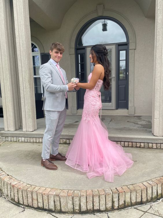 Rosa trägerloses, exquisites Meerjungfrau-Abendkleid mit Applikationen aus Tüll, lang, Ballkleid, Abendkleid gh3002