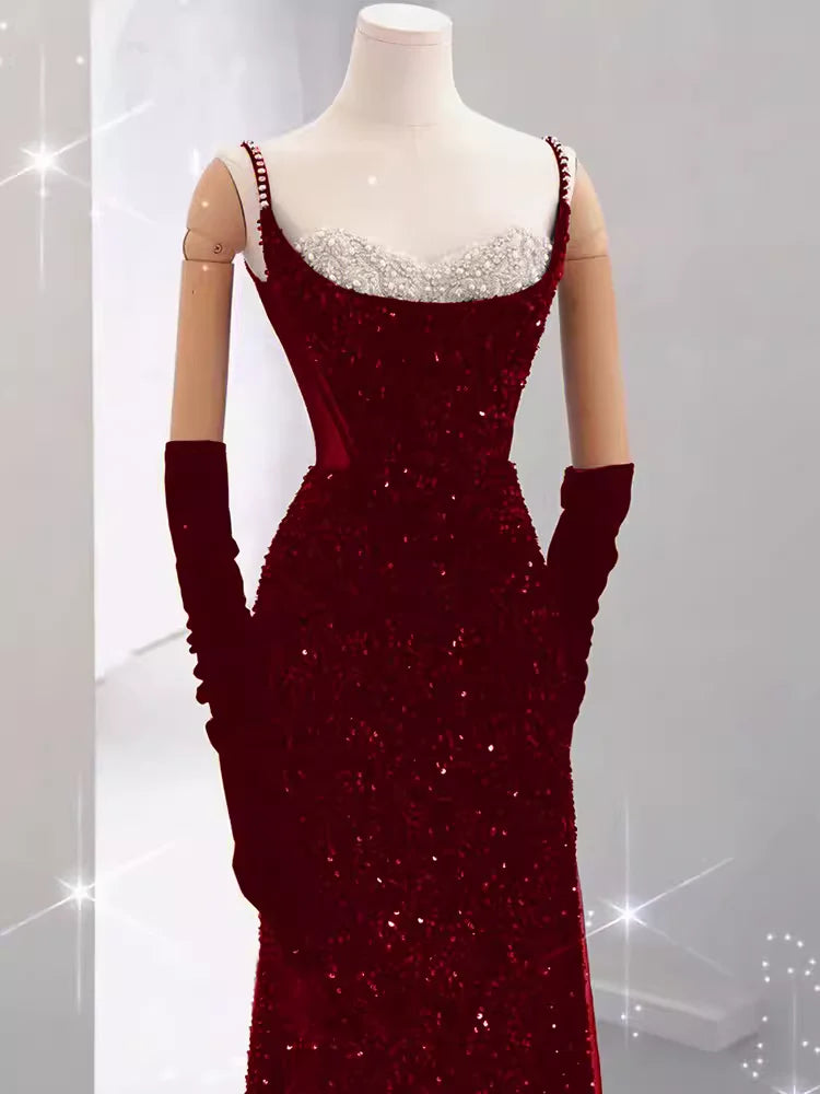 Girlhomeshops - Robe de soirée longue élégante bordeaux brillante à paillettes gh5027