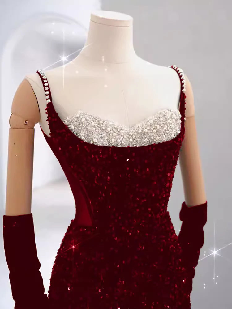 Girlhomeshops - Robe de soirée longue élégante bordeaux brillante à paillettes gh5027