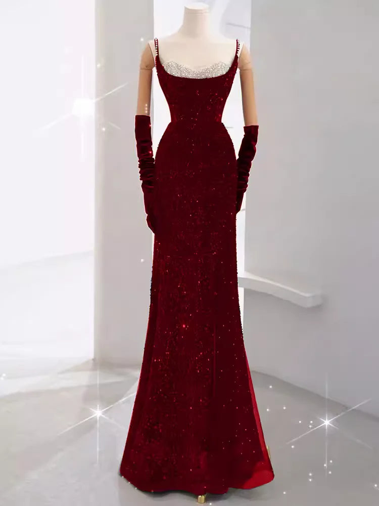 Girlhomeshops - Robe de soirée longue élégante bordeaux brillante à paillettes gh5027