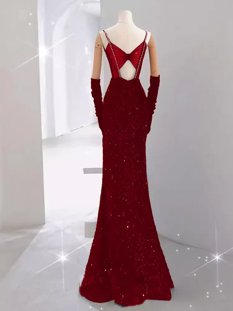 Girlhomeshops - Robe de soirée longue élégante bordeaux brillante à paillettes gh5027