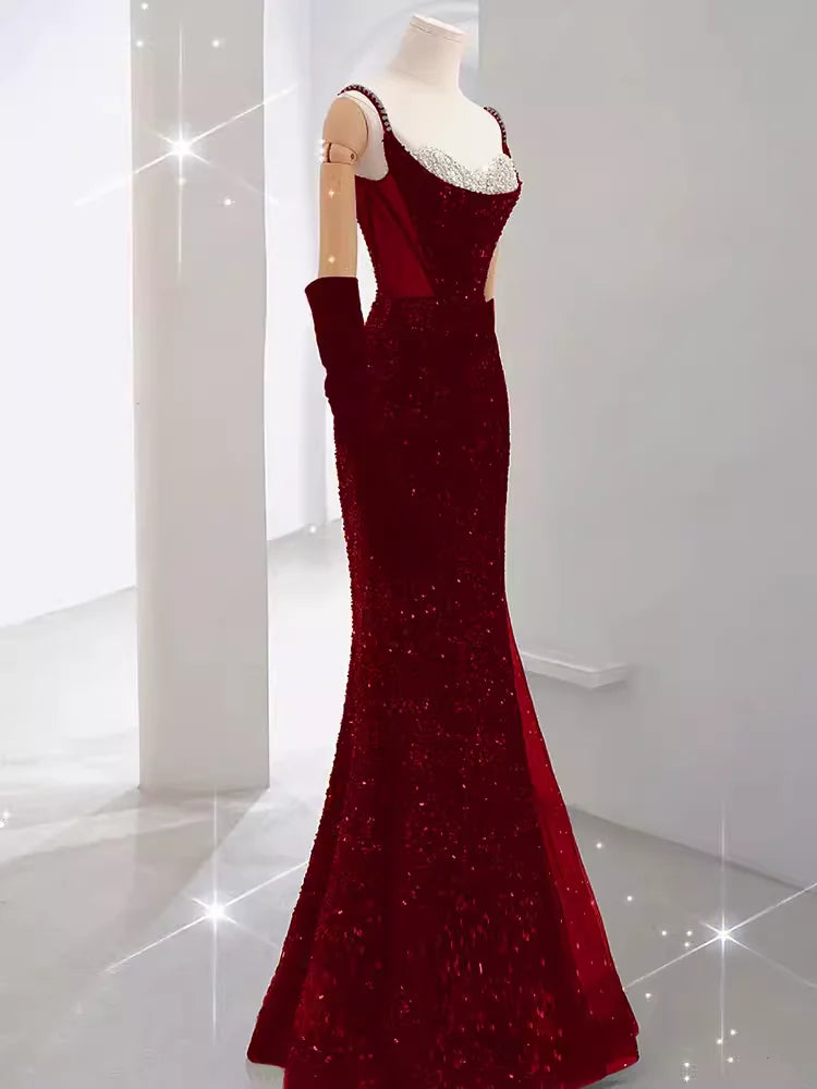 Girlhomeshops - Robe de soirée longue élégante bordeaux brillante à paillettes gh5027
