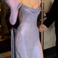 Purple Gorgeous Shiny Elegant Fashion Sequin Spaghetti Strap Long Sexy Side Slit Prom Dress Evening Dress Party Dress gh3690