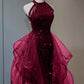 Burgund/Schwarz/Blau Glänzendes, figurbetontes, langes, elegantes Ballkleid mit Pailletten, Abendkleid gh3058